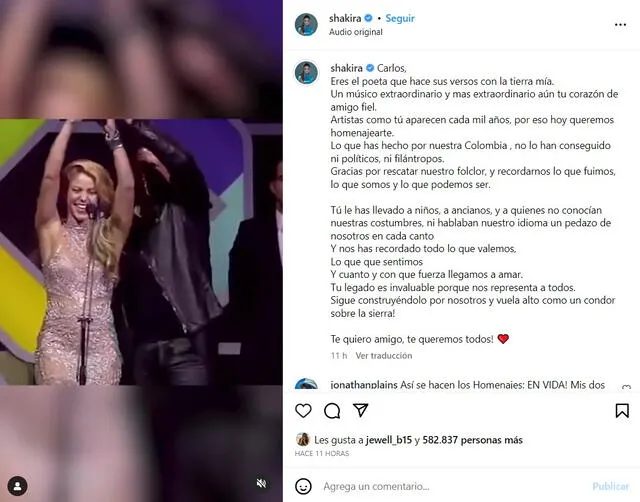 El mensaje de Shakira a Carlos Vives